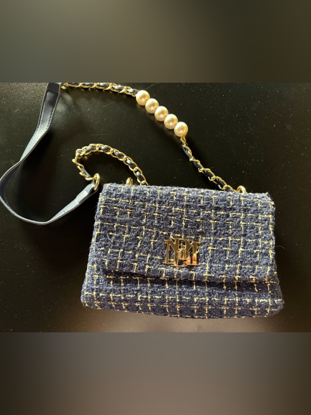 Badgley Mischka Navy Tweed Crossbody with Gold Hardware and Pearl Chain